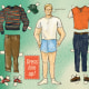 Illustration of paper doll of man and tik tok popular outfits sits on green gradient background