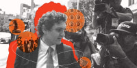 Image: Sam Bankman-Fried in front of a red background surrounded by orange circle cutouts 